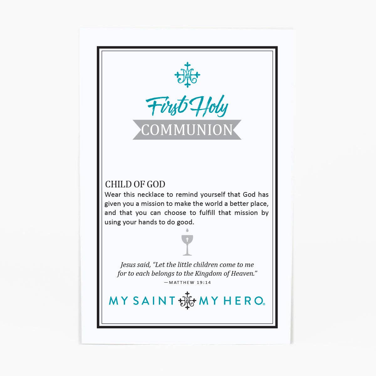 Display card for First Holy Communion necklace, featuring My Saint My Hero logo at the bottom.